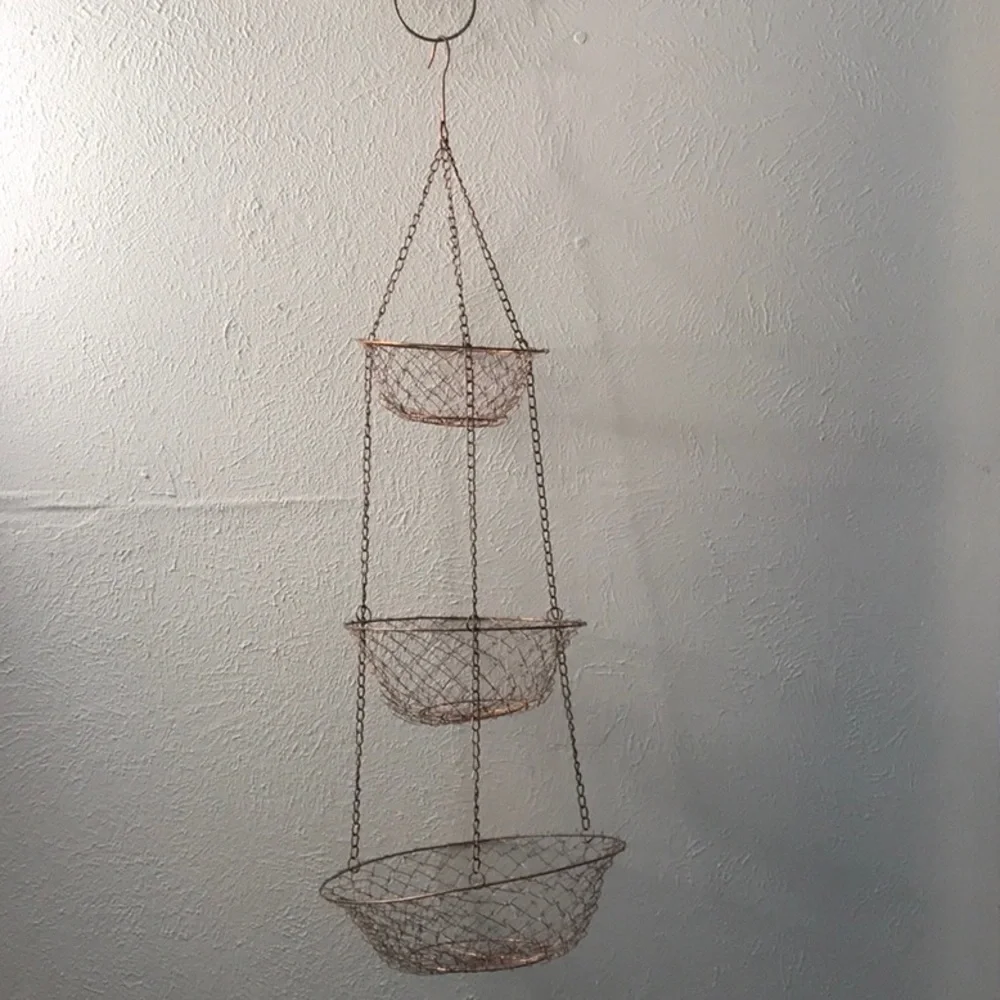Vintage 3 tier hanging round metal copper color fruit vegetable hanger not hung - Picture 2 of 12
